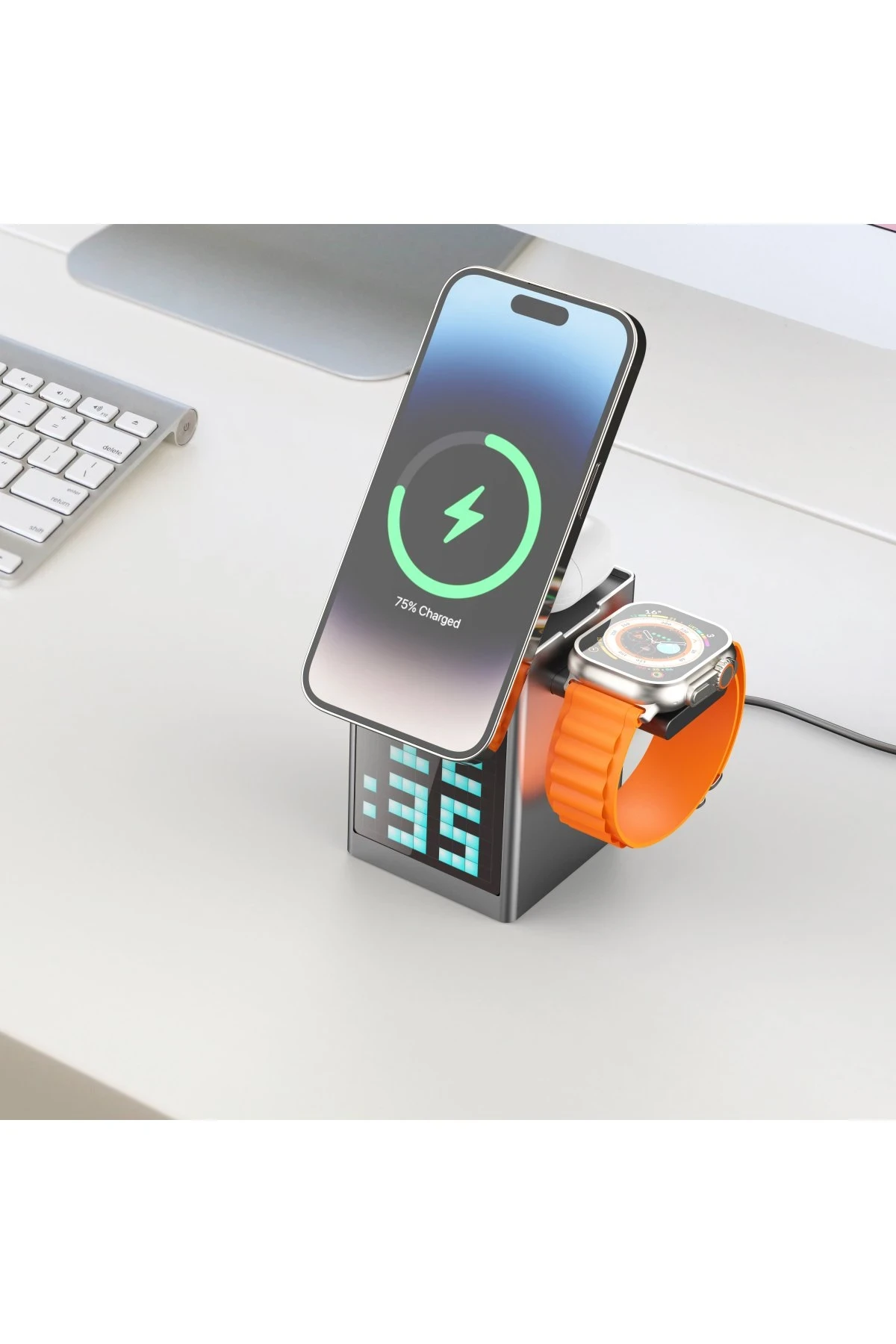 Earldom WC64 5in1 Dijital Saat Göstergeli 15W Telefon 2.5W Saat ve 5W Airpods İçin Kablosuz Şarj Standı
