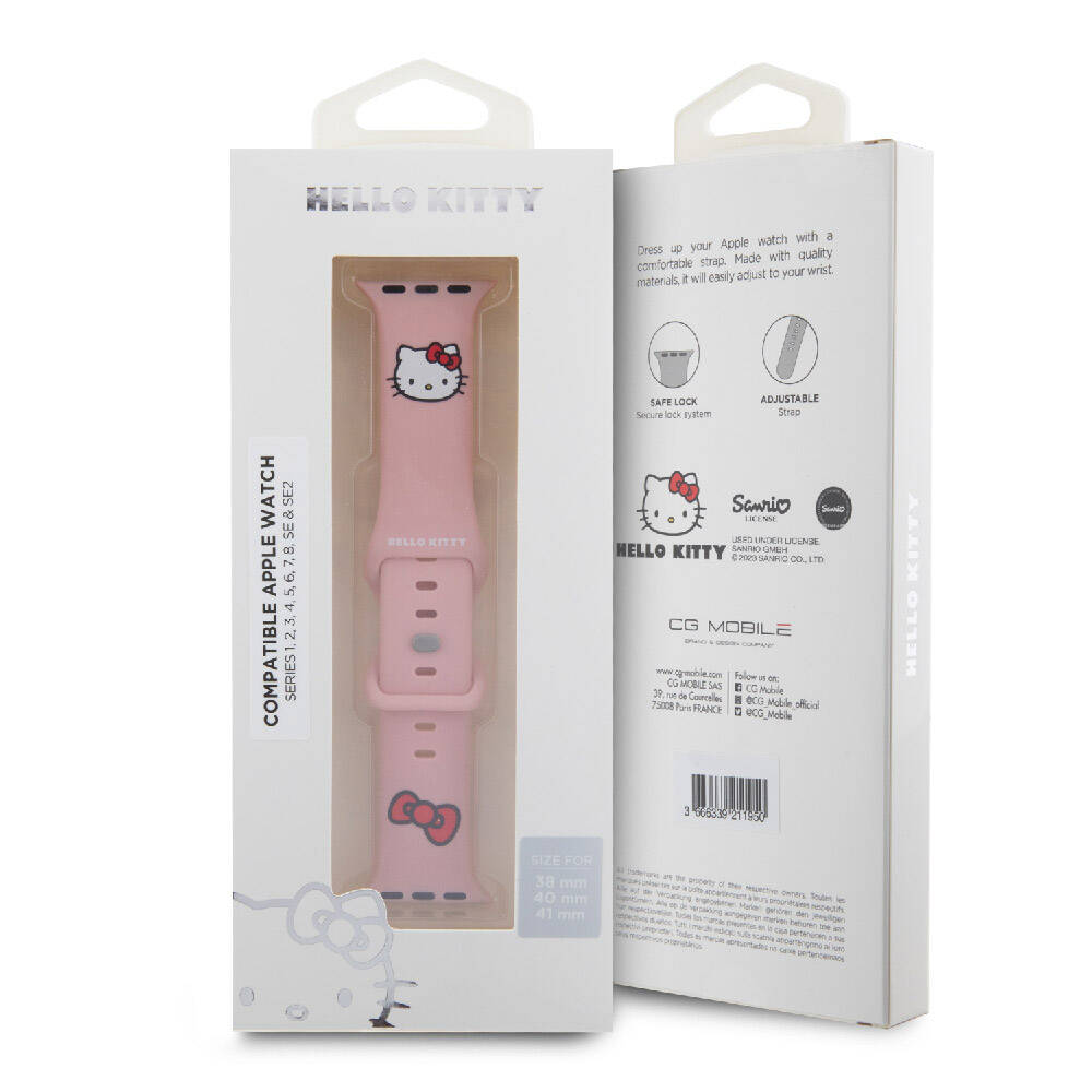 Apple Watch 7 41mm Hello Kitty Orjinal Lisanslı Yazı Logolu Fiyonk & Kitty Head Silikon Kordon
