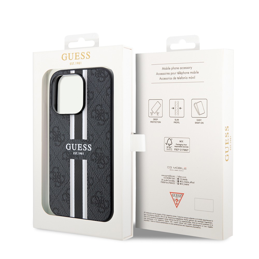 Apple iPhone 15 Pro Kılıf Guess Orjinal Lisanslı M-safe Şarj Özellikli 4G Şerit Tasarımlı Printed Kapak
