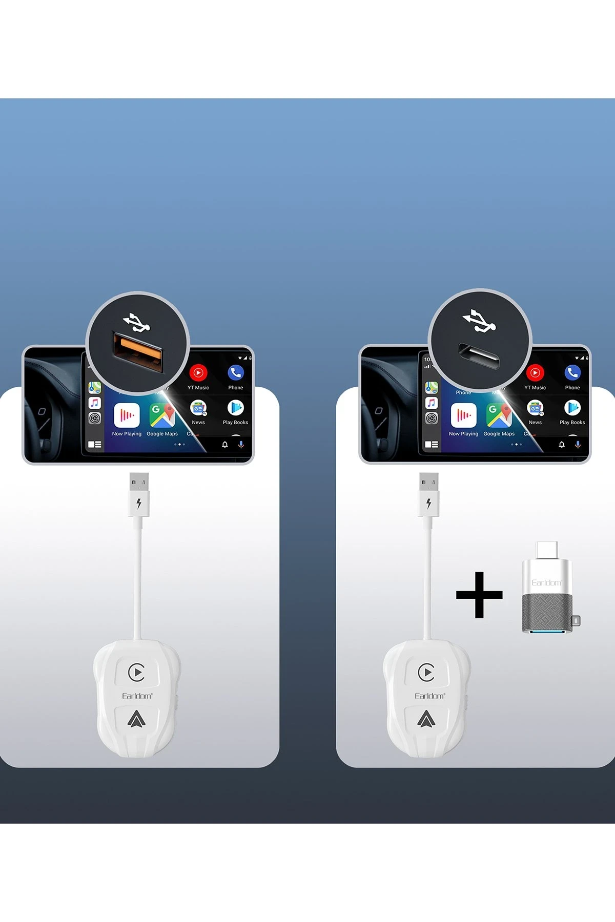 Earldom CP01 Tak Çalıştır 2in1 Type-C to USB Dönüştürücülü Kablosuz CarPlay Adaptör