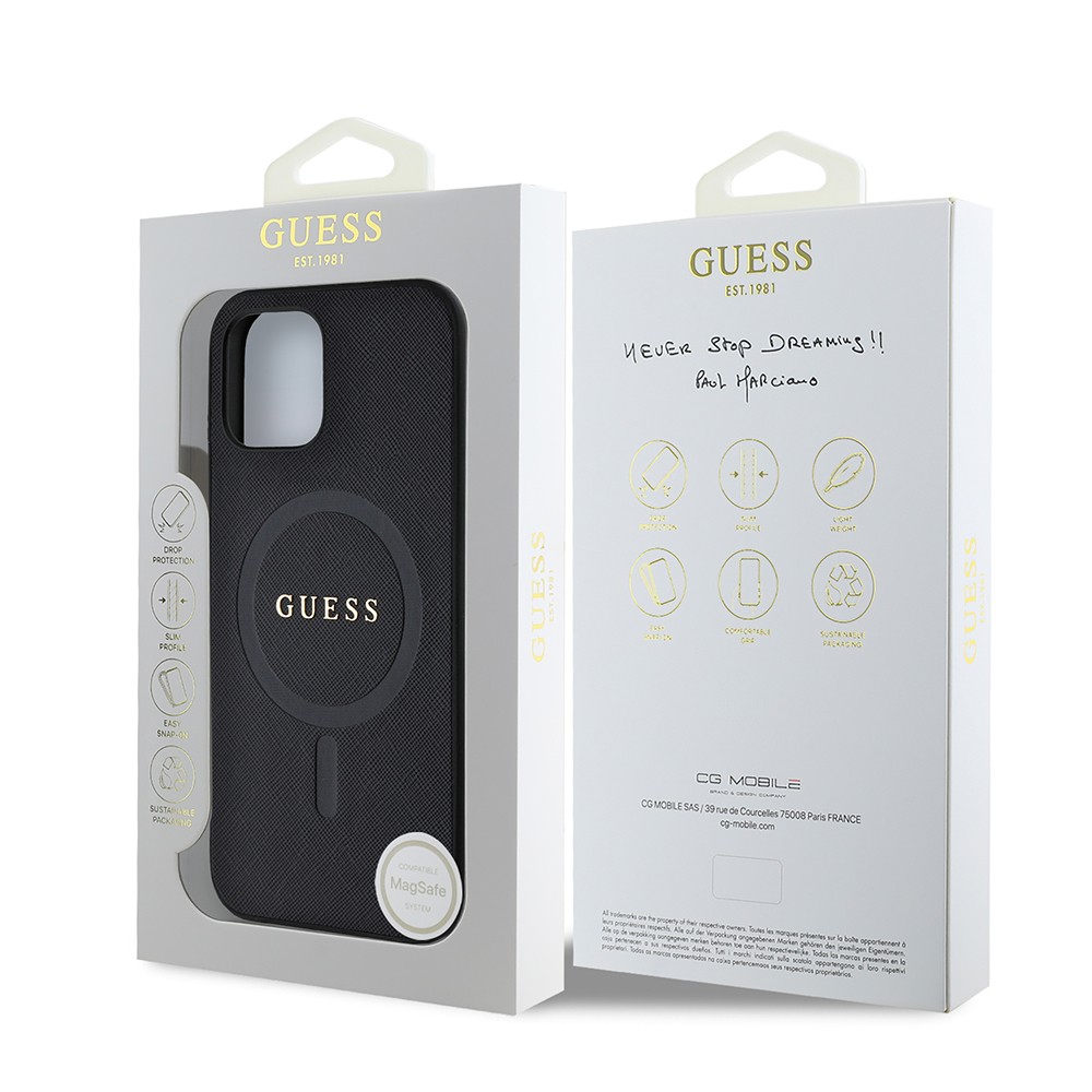 Apple iPhone 12 Kılıf Guess Orjinal Lisanslı M-safe Şarj Özellikli Yazı Logolu Saffiano Classic Kapak