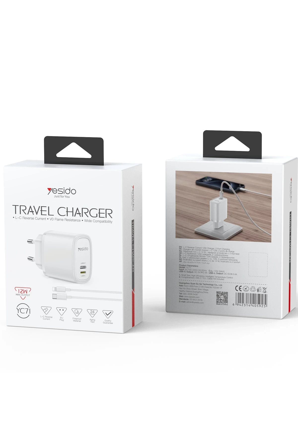Yesido YC71 1 Adet 12W Type-C ve 1 Adet 12W Lightning Çıkışlı Ekstra 1M Type-C to Ligtning Kablolu PD Hızlı Şarj Cihazı
