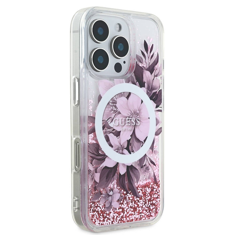 Apple iPhone 16 Pro Kılıf Guess Orjinal Lisanslı M-safe Şarj Özellikli Sıvılı Simli Çiçek Desenli Kapak