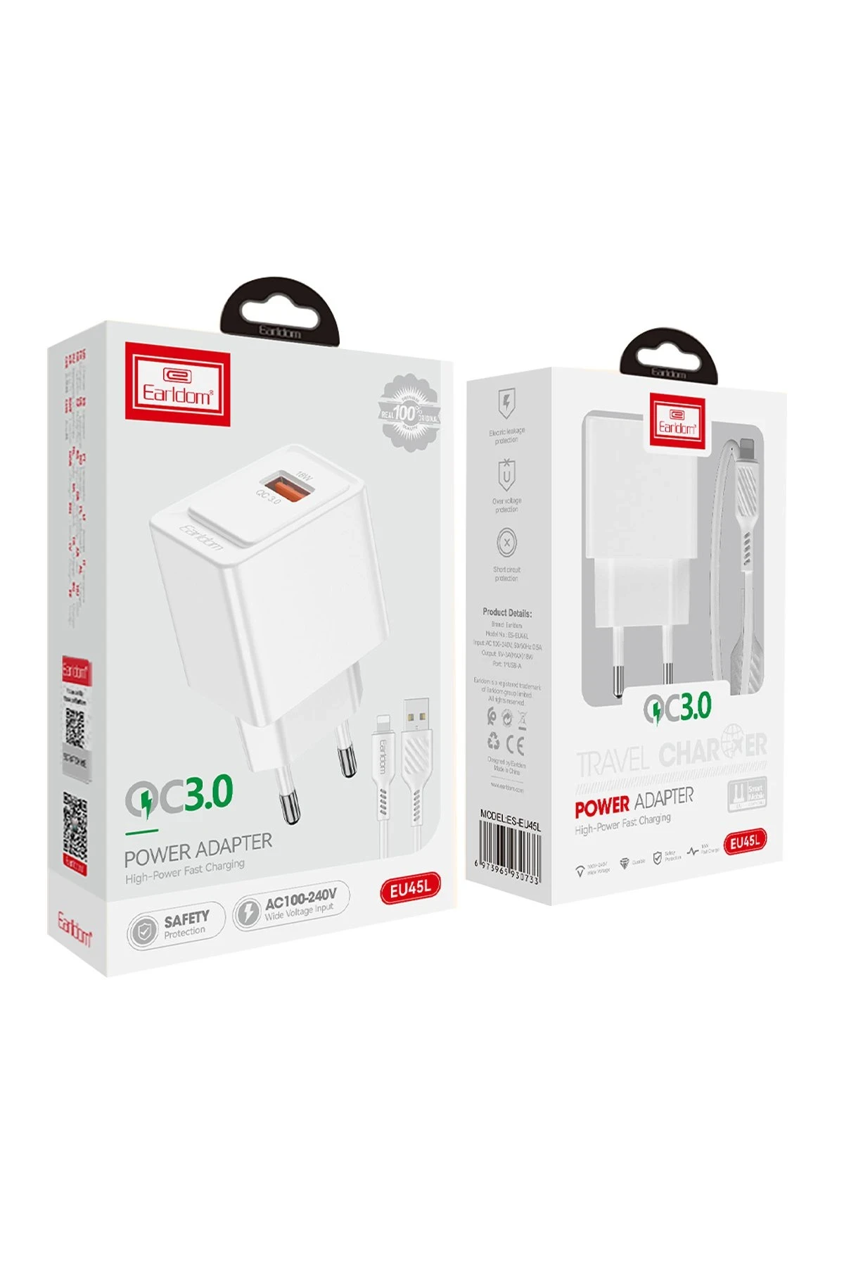 Earldom EU45 18W USB QC 3.0 Çıkışlı ve USB to Lightning Kablolu PD Hızlı Şarj Cihazı