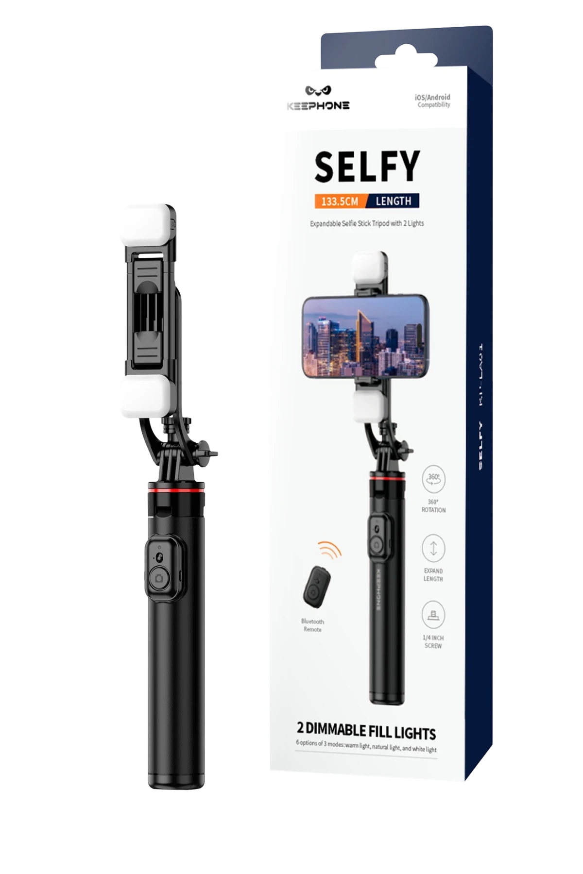 Keephone KP-LA01 Selfy 360 Derece Ayarlanabilir Led Işıklı 133.5cm BT Selfie Çubuğu