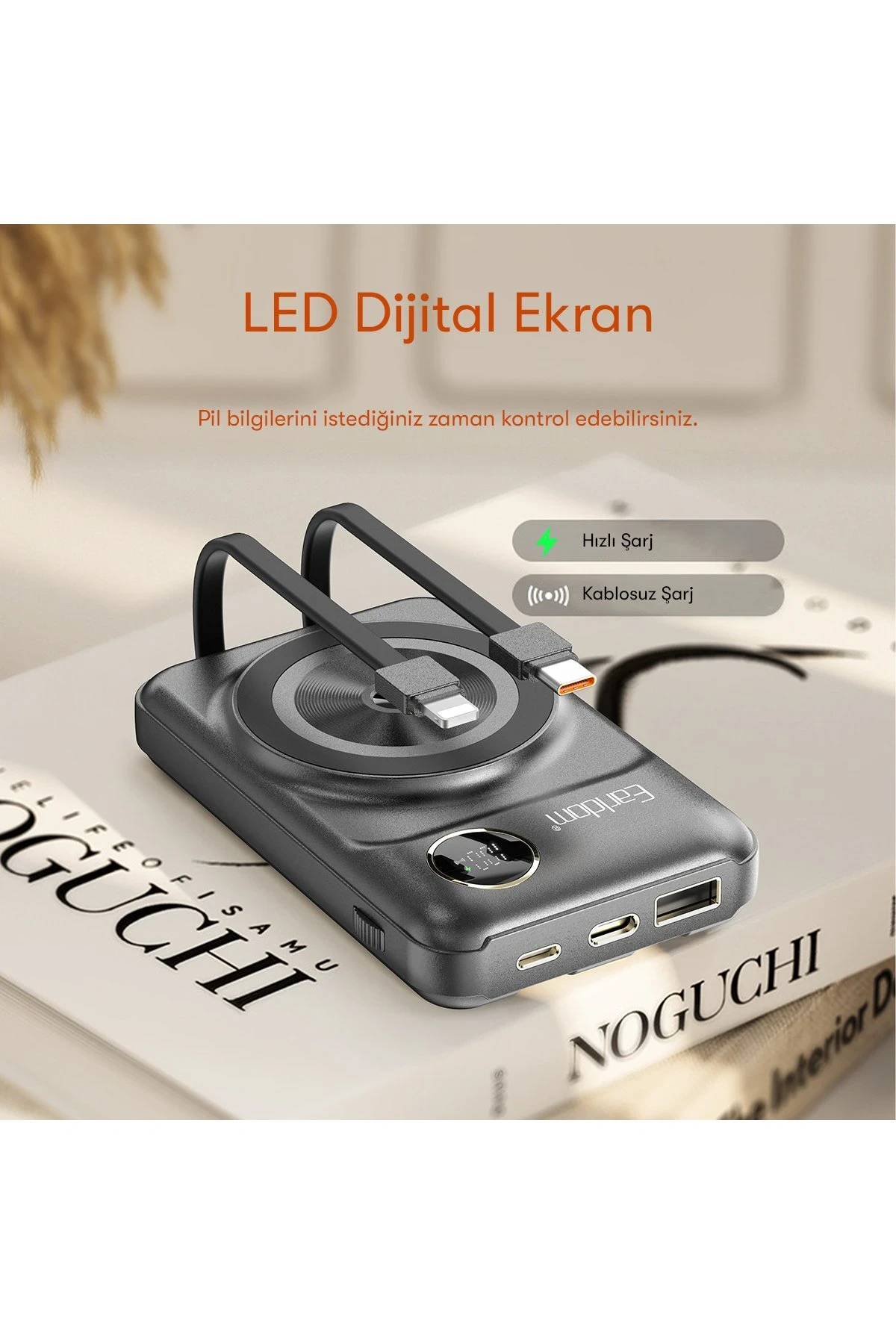 Earldom PD28 10.000 mAh 22.5W Kablosuz Şarjlı Dijital Göstergeli PD Hızlı Şarj Mini Powerbank