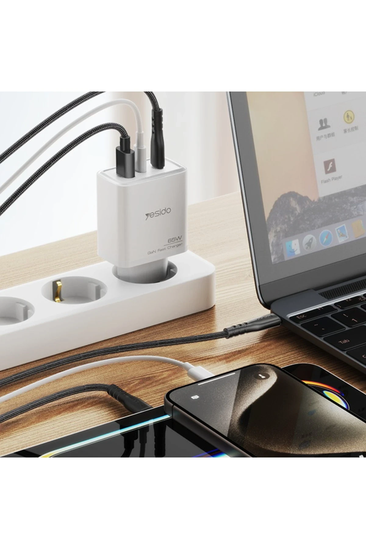 Yesido YC70 1 Adet 65W Type-C / 1 Adet 30W USB ve 1 Adet 45W Lightning Çıkışlı Ekstra 2M Type-C to Ligtning Kablolu GAN Hızlı Şarj Cihazı