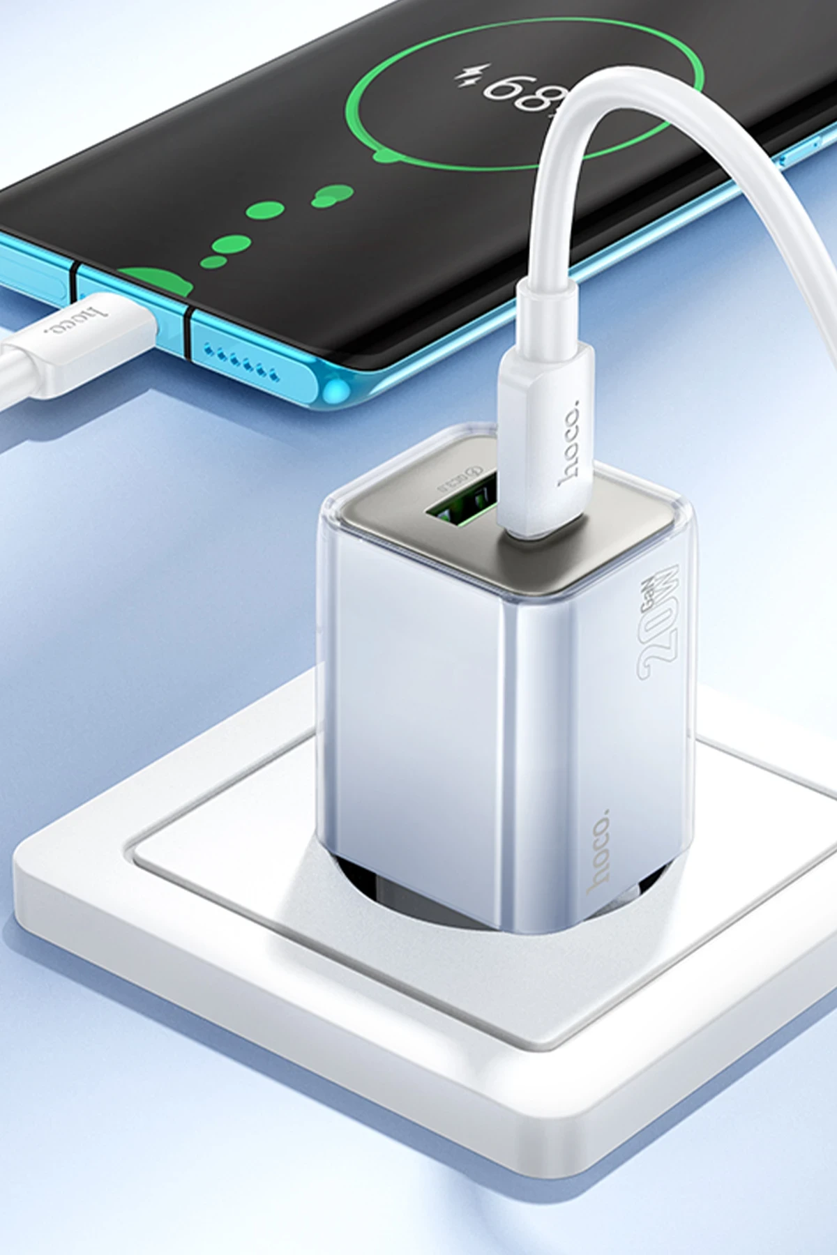 Hoco. N46 Glorious 1 Adet Type-C ve 1 Adet USB Çıkışlı Ekstra Type-C to Type-C Kablolu 20W PD Hızlı Şarj Aleti
