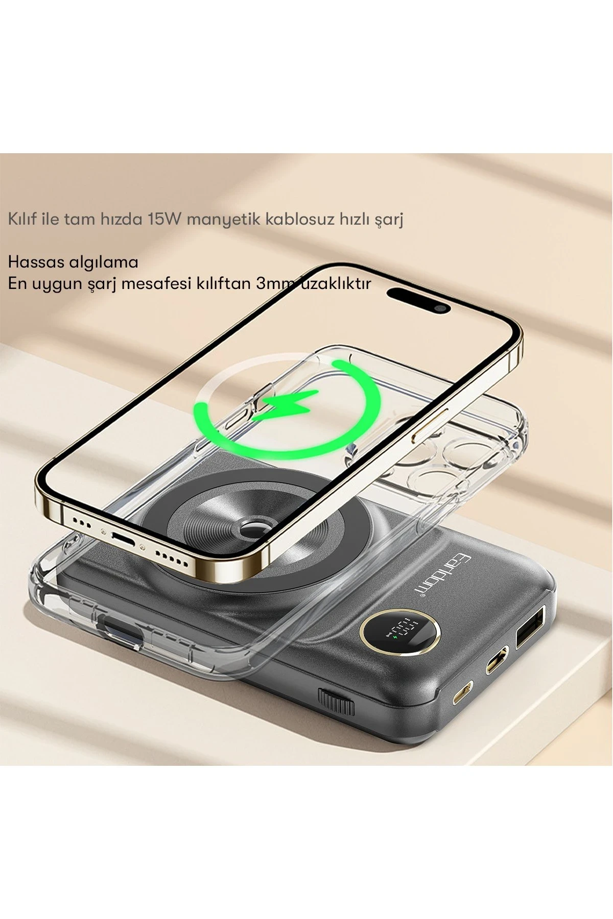 Earldom PD28 10.000 mAh 22.5W Kablosuz Şarjlı Dijital Göstergeli PD Hızlı Şarj Mini Powerbank