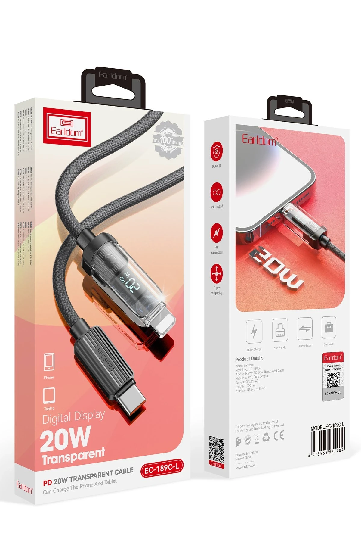 Earldom EC-189CL 1M 20W Dijital Göstergeli Type-C to Lightning PD Hızlı Şarj Kablosu