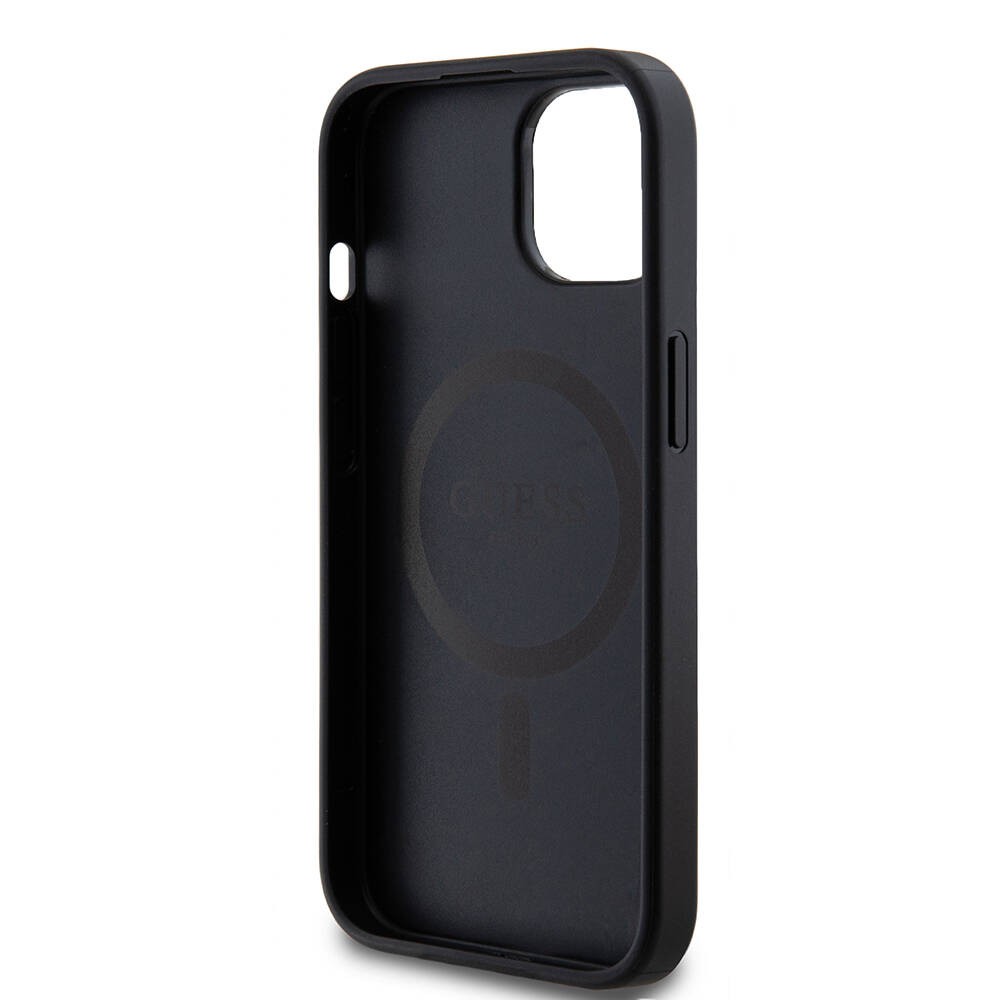 Apple iPhone 14 Kılıf Guess M-safe Şarj Özellikli PU Deri Desenli Metal Plaka Logolu Kapak