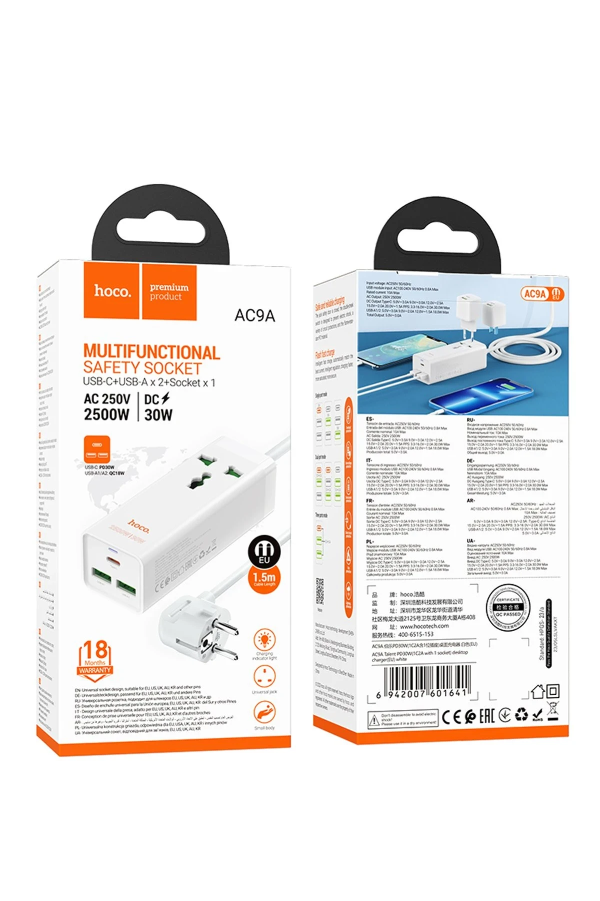 Hoco. AC9A 1.5M Talent 2 Adet USB 1 Adet Type-C 1 Adet Priz PD30W Şarj Aleti