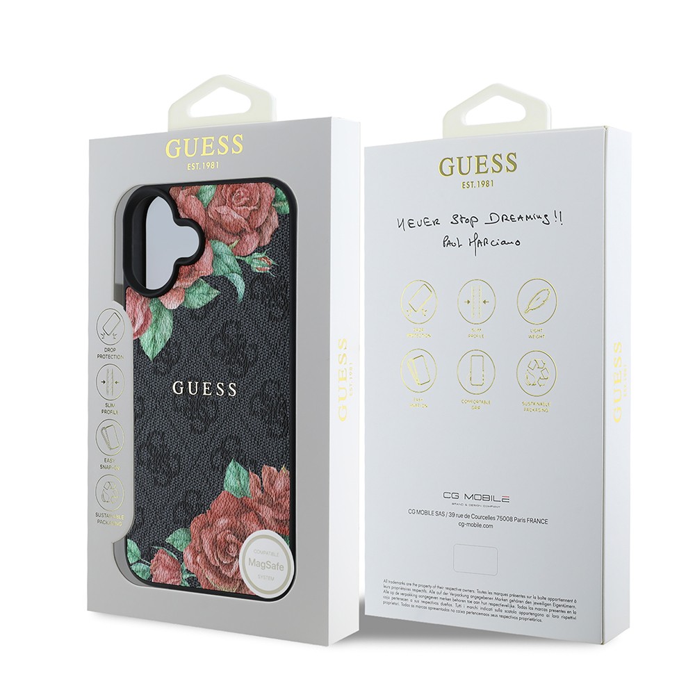 Apple iPhone 16 Kılıf Guess Orjinal Lisanslı M-safe Şarj Özellikli Gül Baskılı 4G Desenli Yazı Logolu Kapak