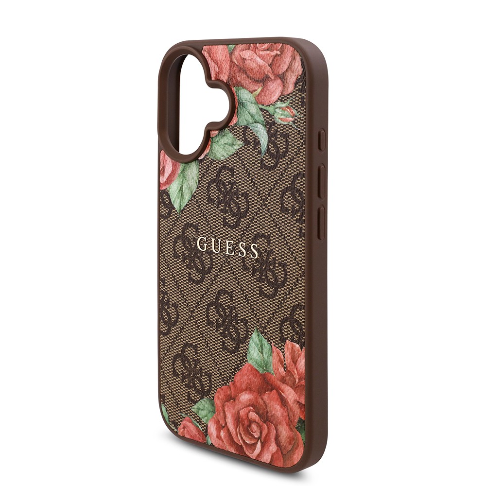 Apple iPhone 16 Plus Kılıf Guess Orjinal Lisanslı M-safe Şarj Özellikli Gül Baskılı 4G Desenli Yazı Logolu Kapak