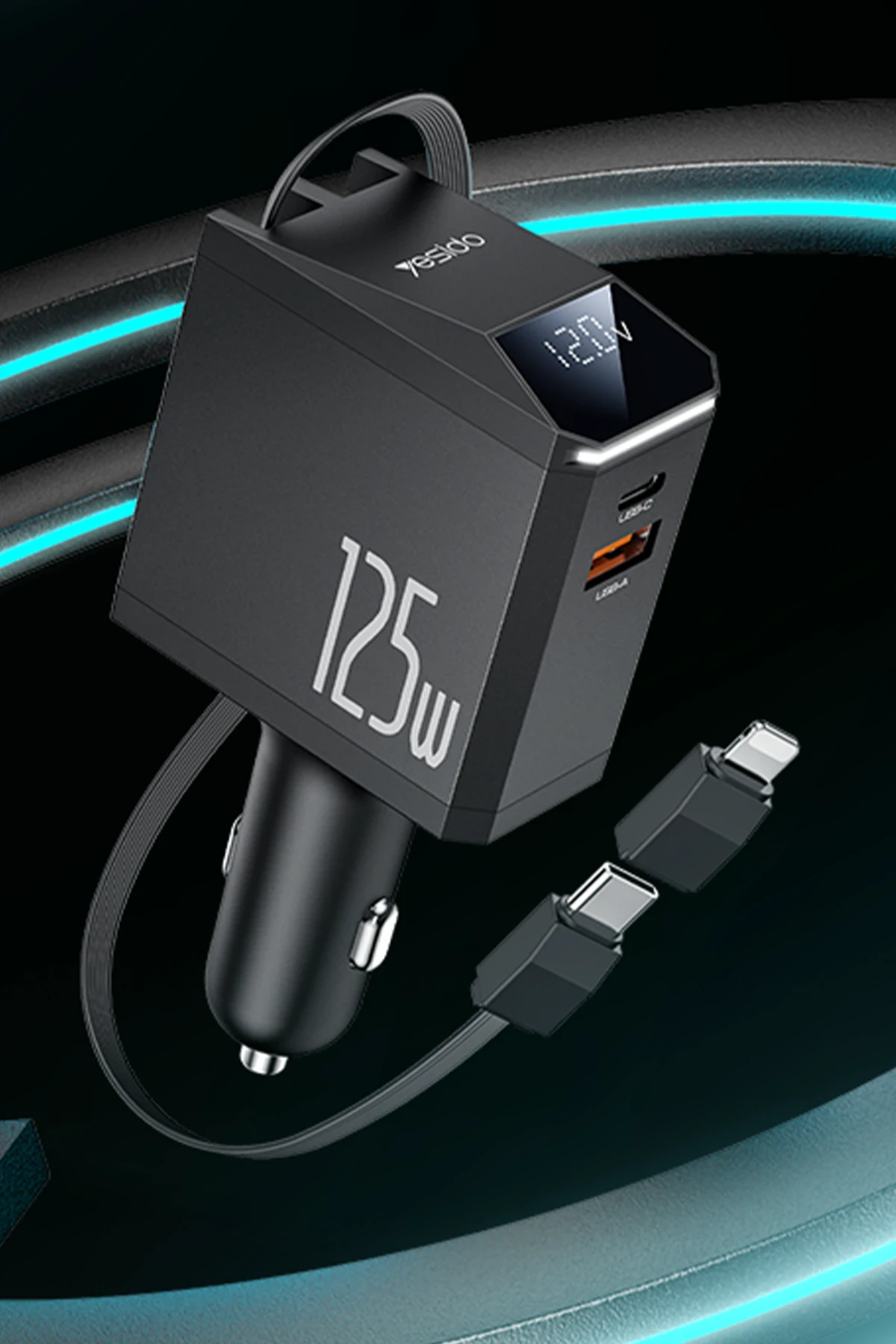 Yesido Y71 Dijital Göstergeli 1 Adet 30W Type-C ve 1 Adet 30W USB Çıkışlı Ekstra 65W Destekli Type-C Dahili Kablolu 125W Araç Şarj Aleti