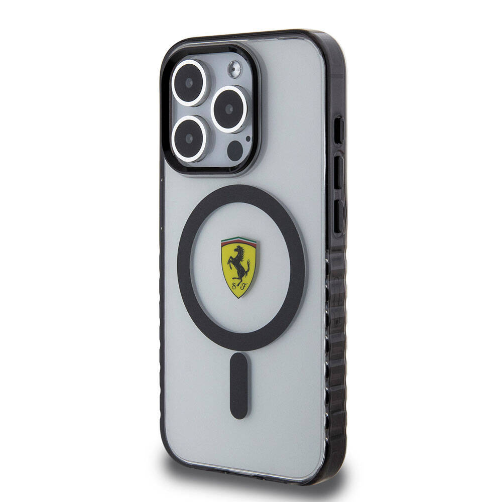 Apple iPhone 15 Pro Kılıf Ferrari Orjinal Lisanslı M-safe Şarj Özellikli Tırtıklı Kenar Tasarımlı Ortalanmış Logo Kapak
