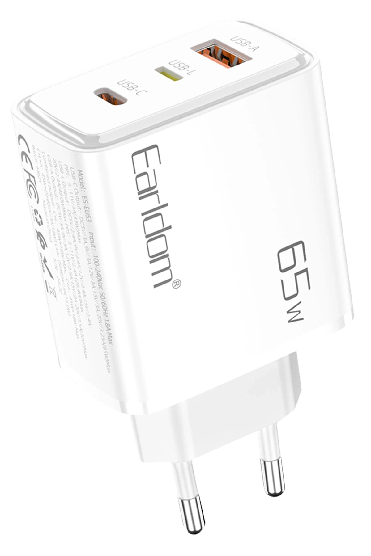 Earldom EU53 Type-C Lightning ve USB Çıkışlı 65W PD Hızlı Şarj Aleti