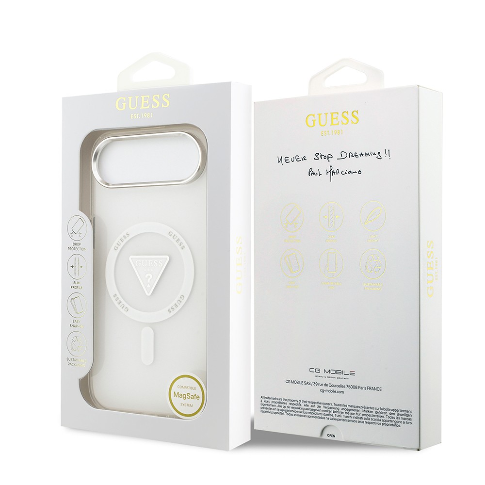 Apple iPhone 17 Air Kılıf Guess Orjinal Lisanslı M-safe Şarj Özellikli IML Baskılı Üçgen Logolu Metal Kamera Çerçeveli Kapak