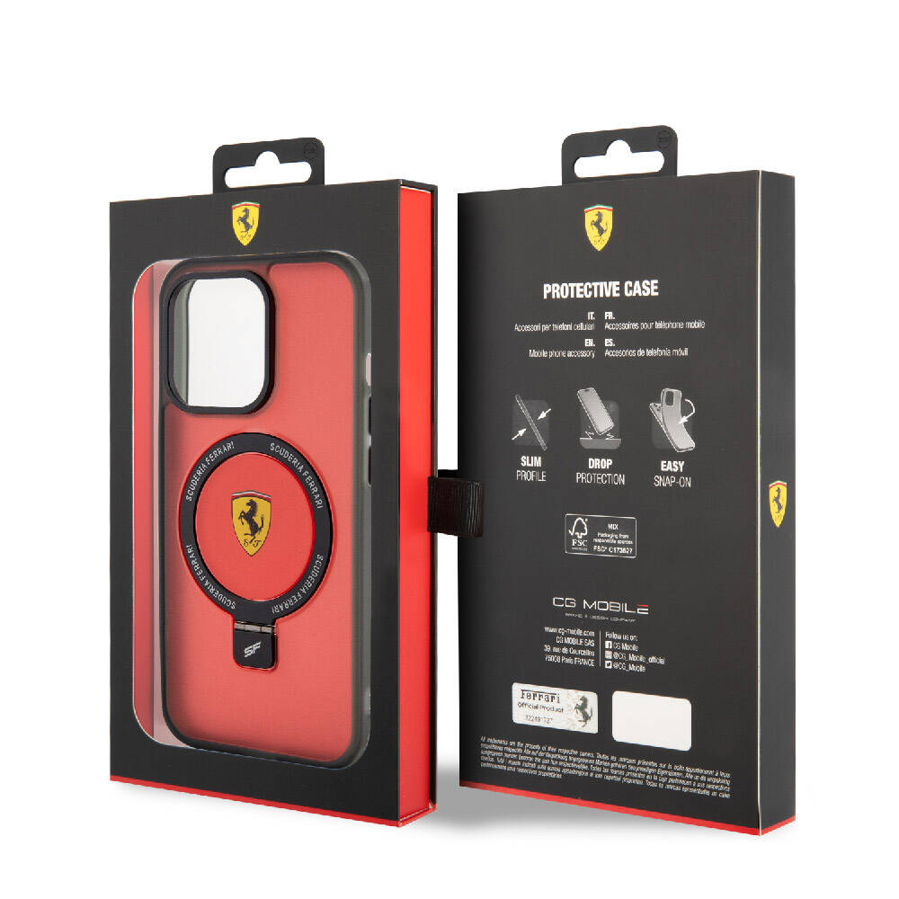 Apple iPhone 15 Pro Kılıf Ferrari M-safe Şarj Özellikli Standlı Buzlu Yüzey Dizayn Kapak