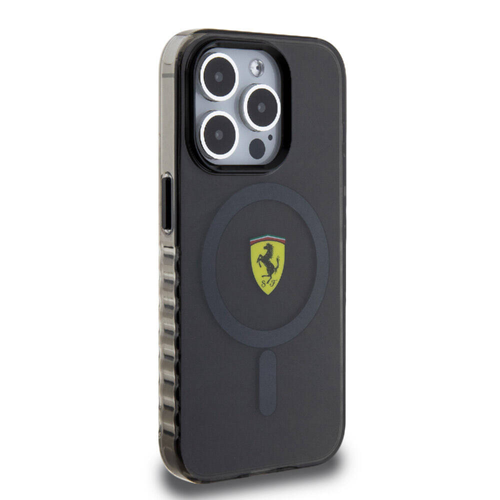Apple iPhone 15 Pro Kılıf Ferrari Orjinal Lisanslı M-safe Şarj Özellikli Tırtıklı Kenar Tasarımlı Ortalanmış Logo Kapak