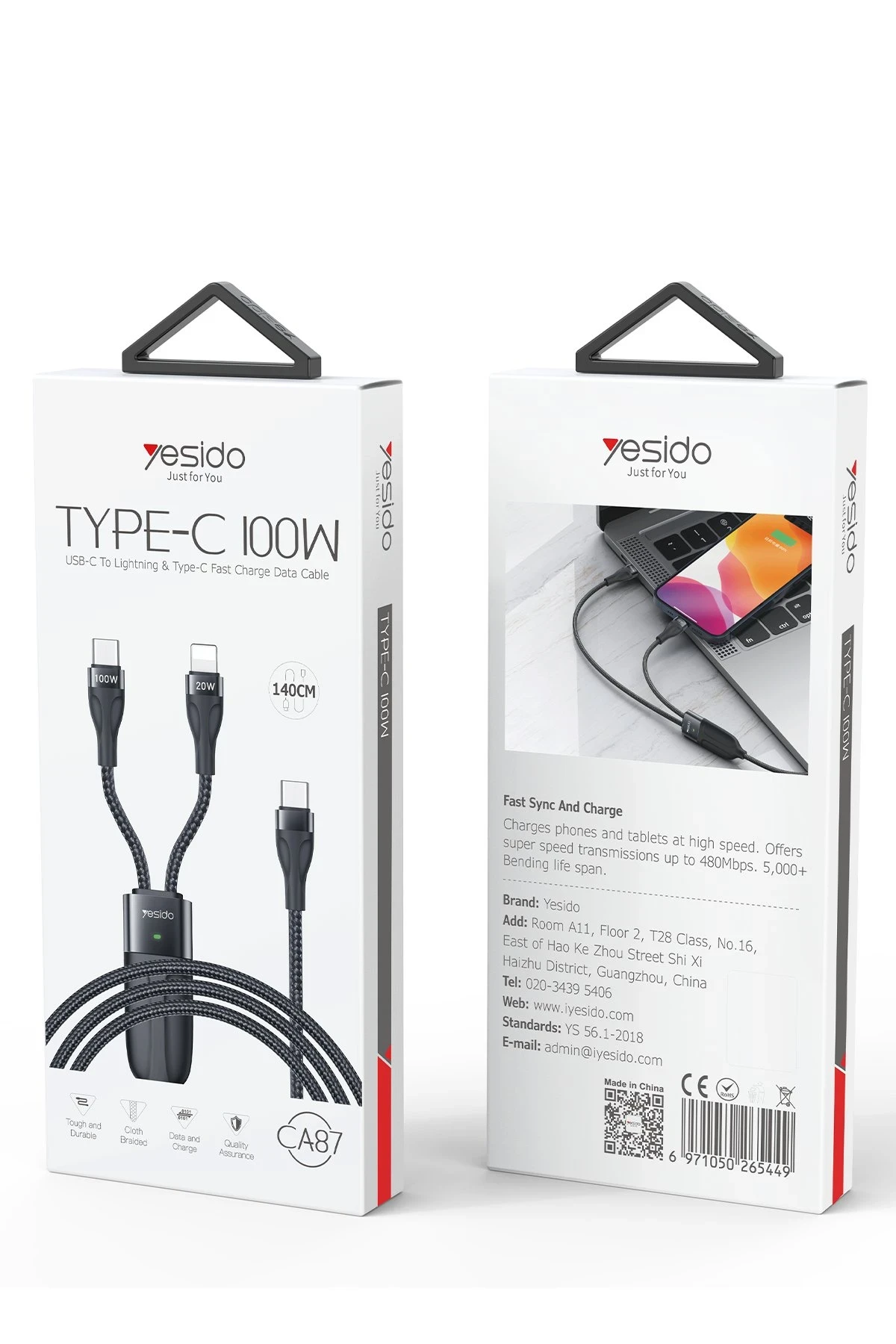 Yesido CA87 1.4M Type-C to 100W Type-C ve 20W Lightning Çift Çıkışlı 2in1 PD Hızlı Şarj Kablosu