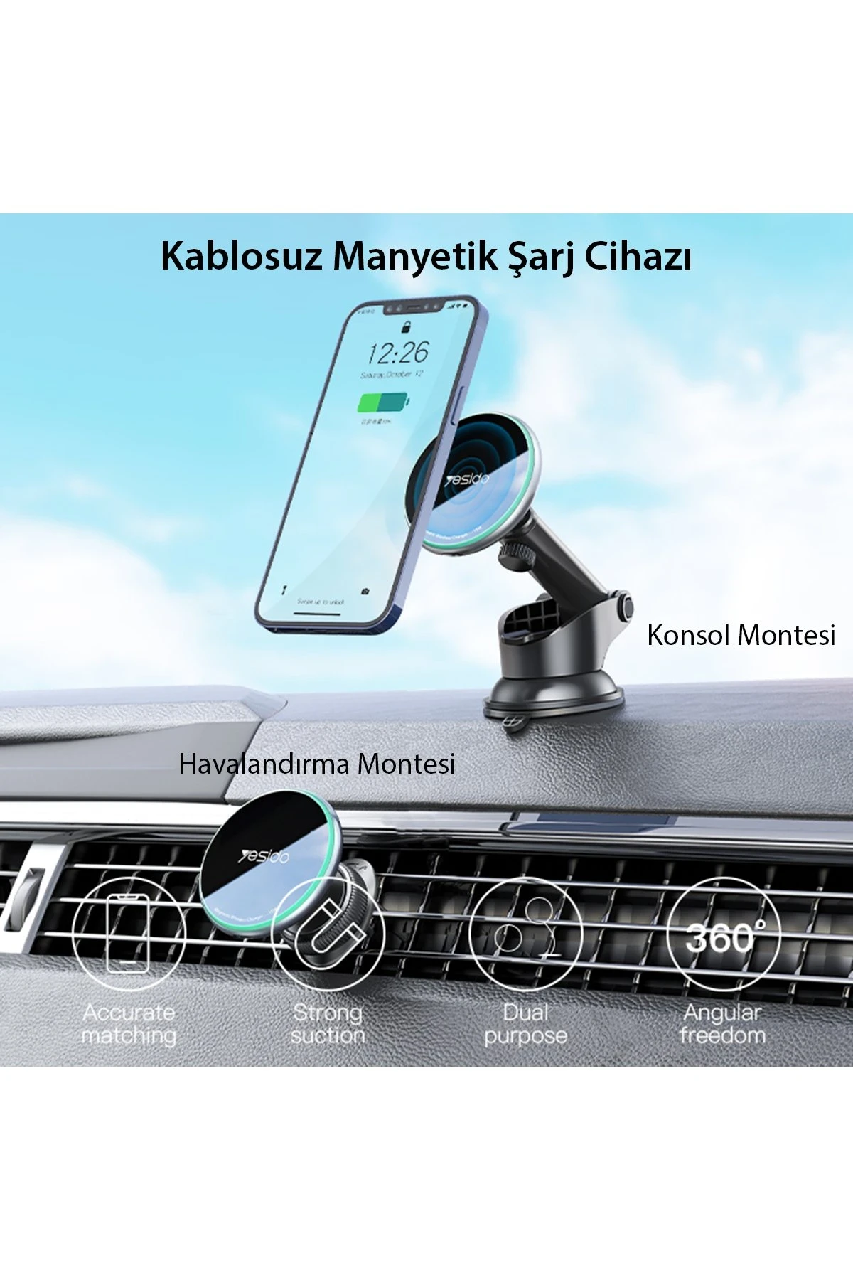 Yesido C132 15W Kablosuz Şarjlı Mıknatıslı Vantuzlu Ayarlanabilir Magsafe Araç Tutucu