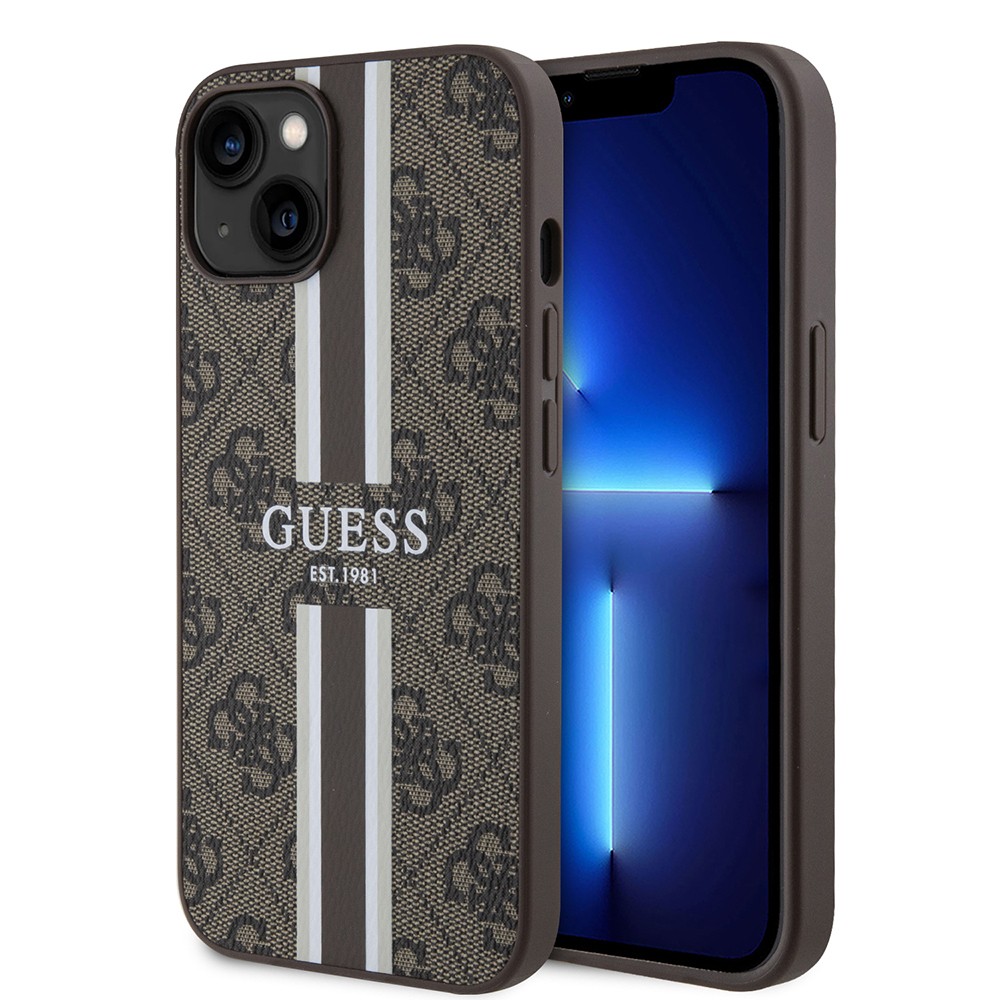 Apple iPhone 15 Kılıf Guess Orjinal Lisanslı M-safe Şarj Özellikli 4G Şerit Tasarımlı Printed Kapak