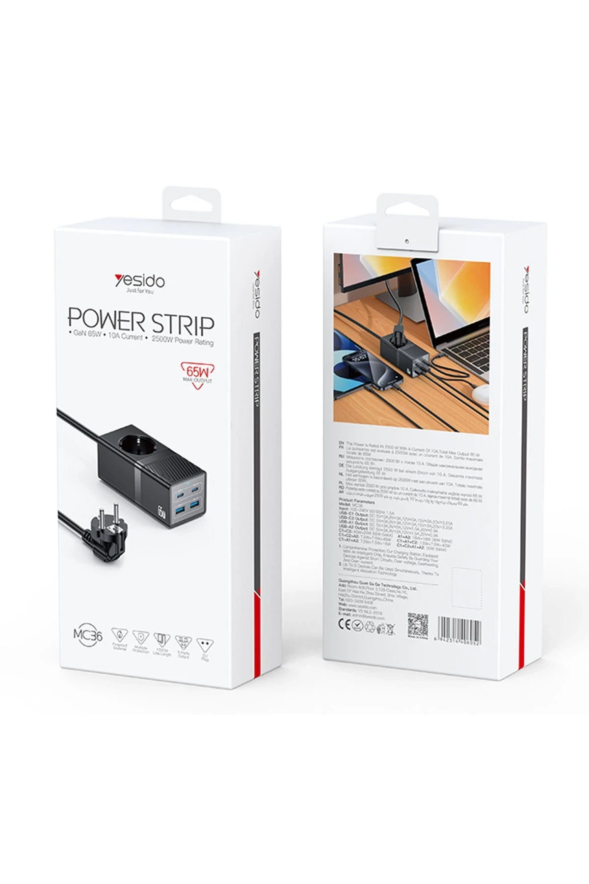 Yesido MC36 2500W 1.5M Ekstra 2 Adet 18W USB ve 2 Adet 45W Type-C Çıkışlı Priz Uzatıcı
