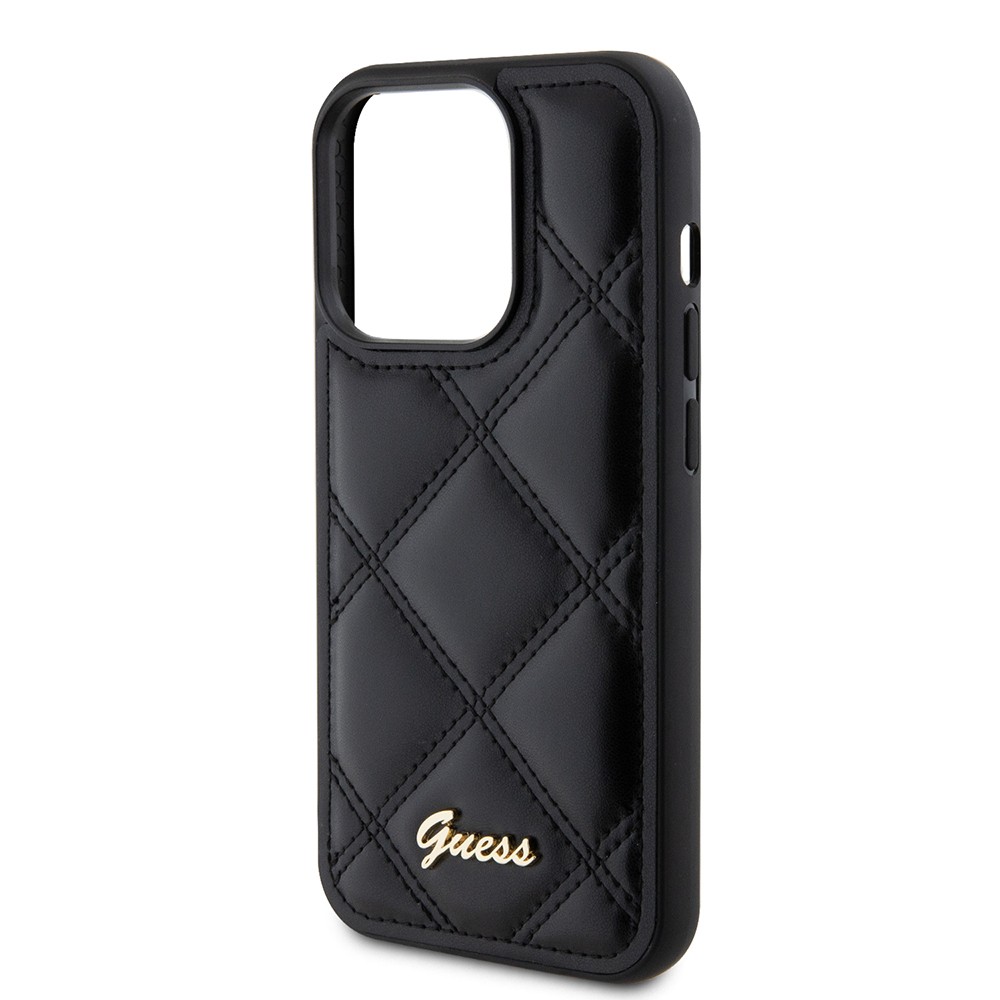 Apple iPhone 14 Pro Max Kılıf Guess Orjinal Lisanslı PU Deri Metal Yazı Logolu Kapitone Kapak