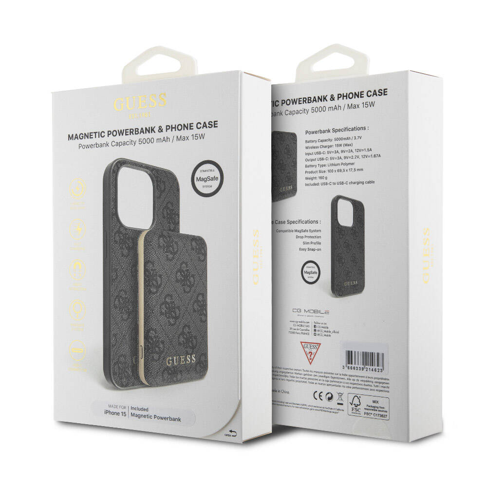 Apple iPhone 15 Kılıf Guess Orjinal Lisanslı M-safe Şarj Özellikli Yazı Logolu 4G Desenli Kapak + Powerbank 5000mAh 2in1 Set
