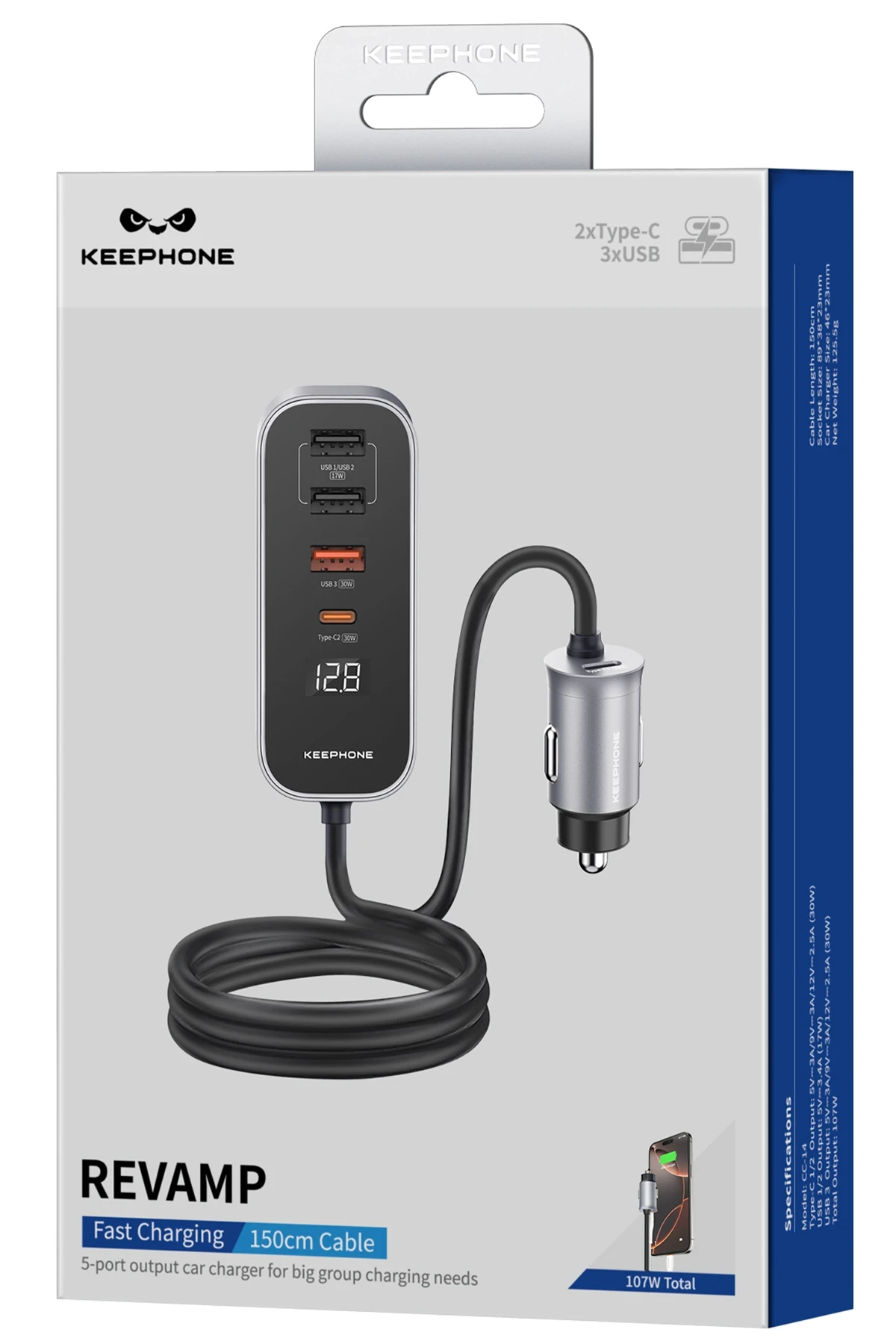 Keephone RevAmp CC14 2 Adet 17W USB 1 Adet 30W USB ve 1 Adet 30W Type-C Çıkışlı PD Hızlı Araç Şarj