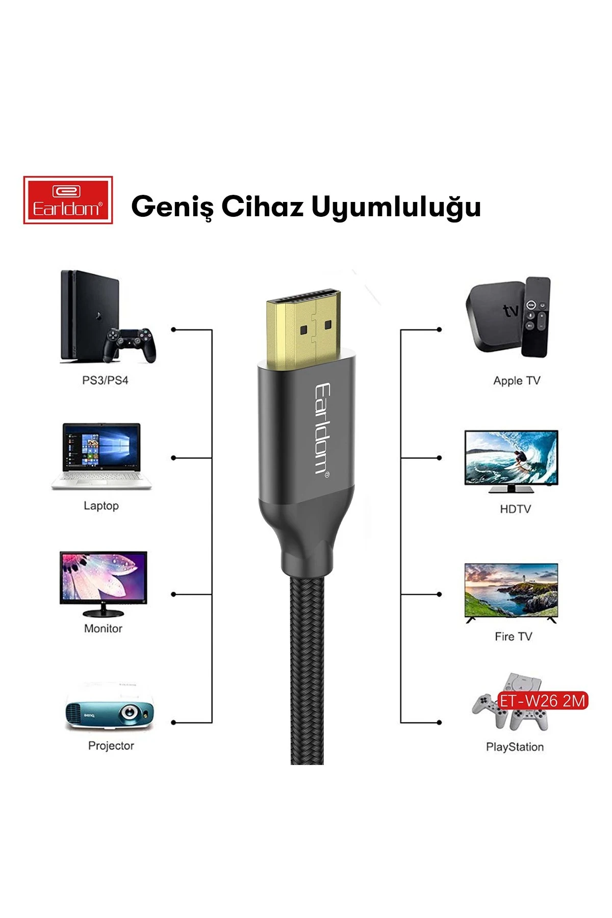 Earldom W26 2m 4K Altın Uçlu Hasır HDMI Kablo