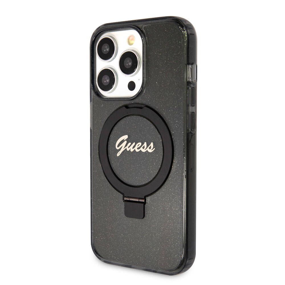 Apple iPhone 15 Pro Max Kılıf Guess Orjinal Lisanslı M-safe Şarj Özellikli Simli Arka Yüzey Ring Standlı Kapak