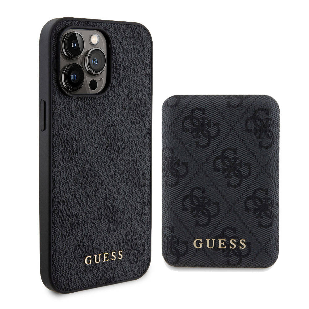 Apple iPhone 15 Pro Kılıf Guess Orjinal Lisanslı M-safe Şarj Özellikli Yazı Logolu 4G Desenli Kapak + Powerbank 5000mAh 2in1 Set