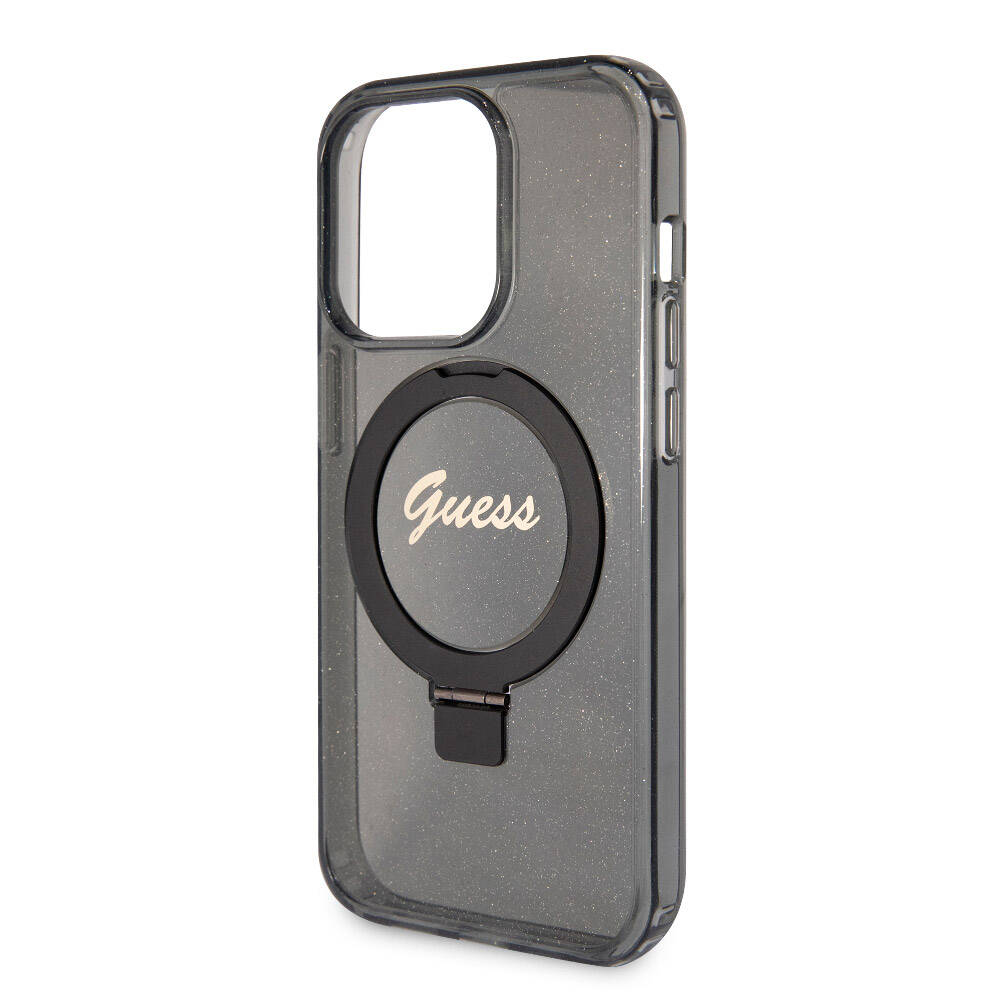 Apple iPhone 15 Pro Kılıf Guess Orjinal Lisanslı M-safe Şarj Özellikli Simli Arka Yüzey Ring Standlı Kapak