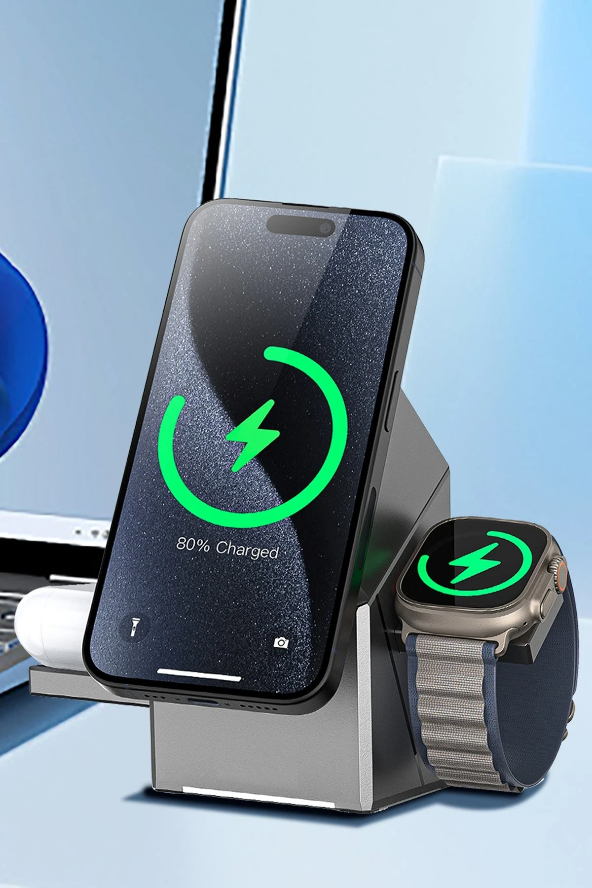 Earldom WC65 3in1 15W Telefon 2.5W Saat ve 5W Airpods İçin Kablosuz Şarj Standı