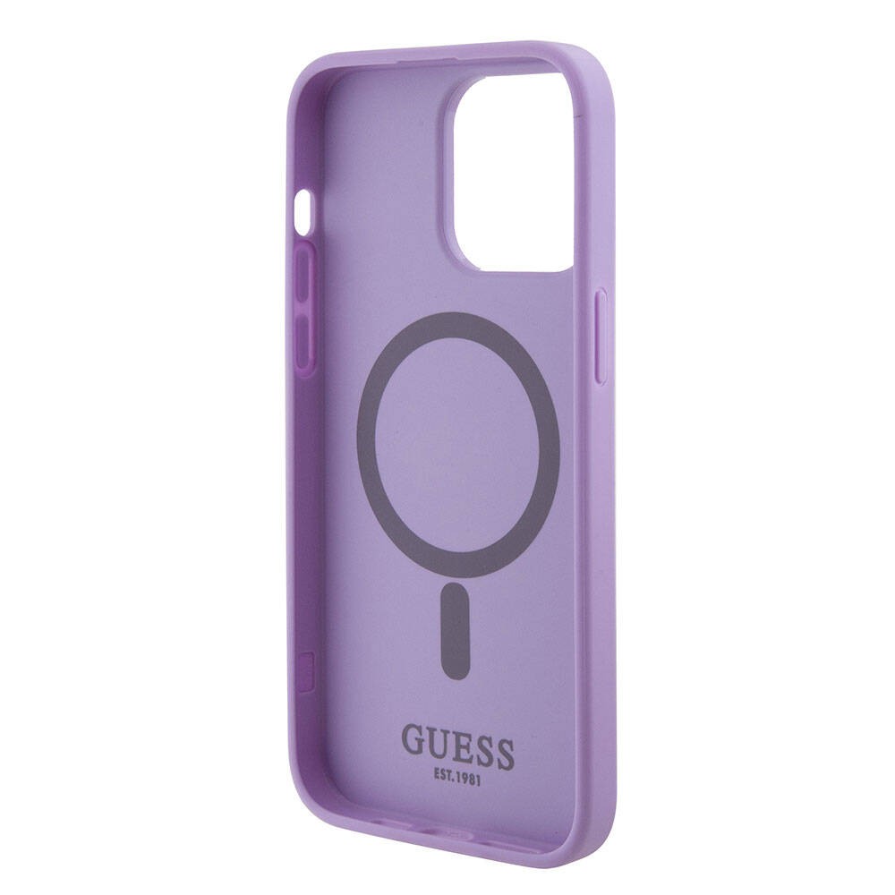 Apple iPhone 15 Pro Max Kılıf Guess Orjinal Lisanslı M-safe Şarj Özellikli Yazı Logolu Saffiano Kapak