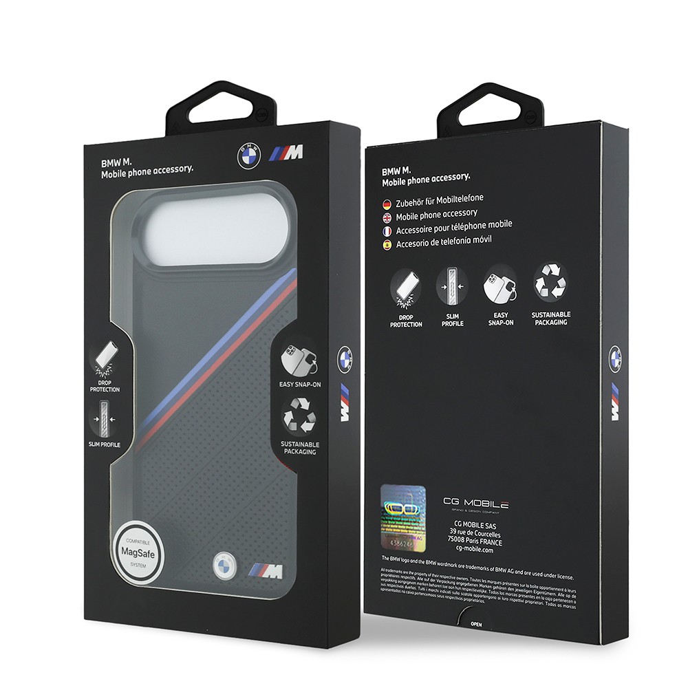 Apple iPhone 17 Air Kılıf BMW Orjinal Lisanslı M-safe Şarj Özellikli M Logolu Üç Şeritli Delikli Deri Kapak