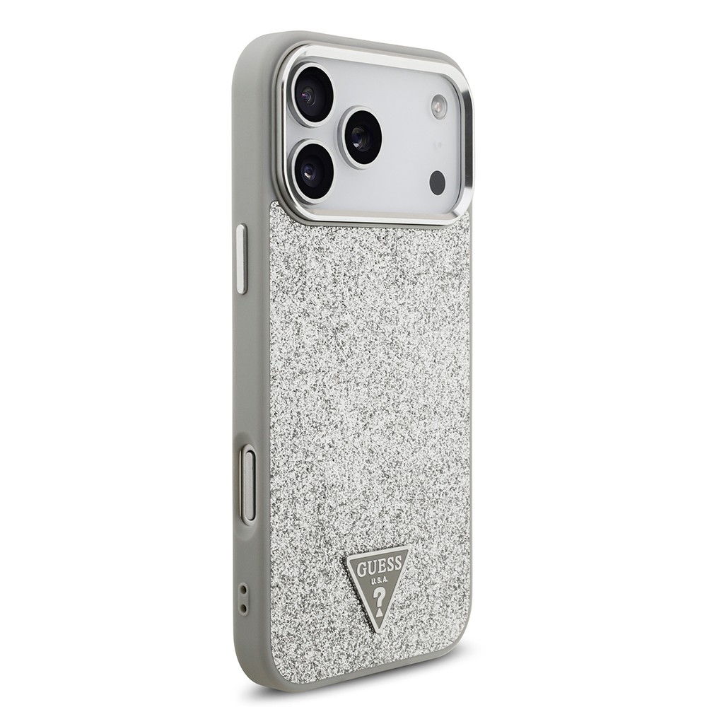 Apple iPhone 17 Pro Max Kılıf Guess Orjinal Lisanslı M-safe Şarj Özellikli Metal Kamera Çerçeveli Üçgen Logolu Glitter Kapak