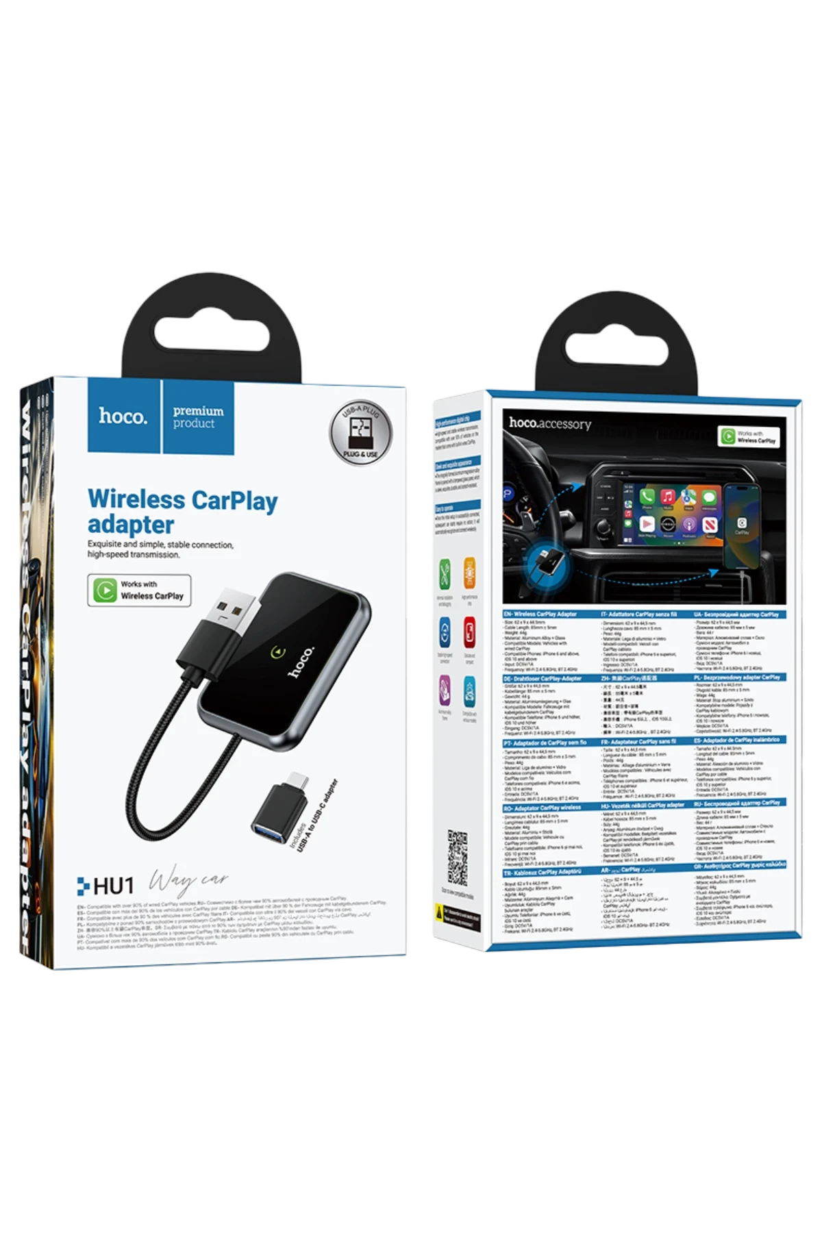 Hoco. HU1 Way 2in1 Type-C to USB Dönüştürücülü Kablosuz CarPlay Adaptör