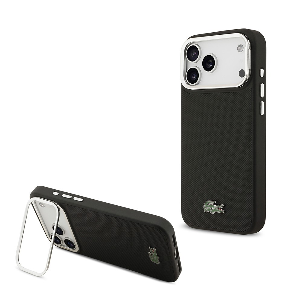 Apple iPhone 17 Pro Max Kılıf Lacoste Orjinal Lisanslı M-safe Şarj Özellikli PU Pike Desenli Standlı Metal Logolu Kapak