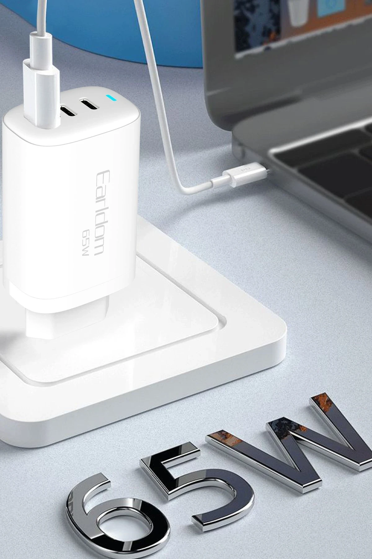 Earldom EU26C 2 Adet 65W Type-C ve 1 Adet 30W USB 3.0 Çıkışlı Ekstra Type-C to Type-C Kablolu GAN Şarj Cihazı