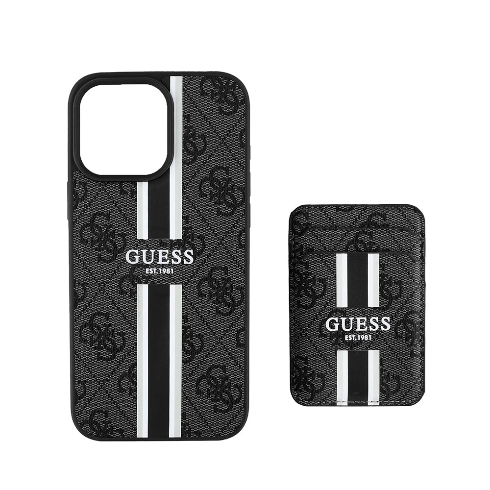 Apple iPhone 15 Pro Max Kılıf Guess Orjinal Lisanslı M-safe Şarj Özellikli 4G Desenli Çizgili Kartlıklı Kapak