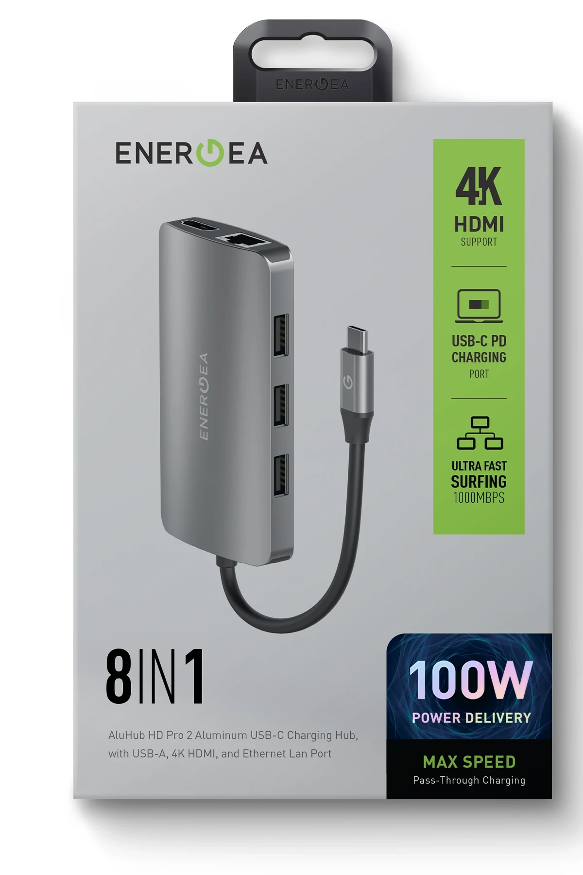 Energea AluHub HD Pro 2 100W Type-C PD Şarj Destekli 8in1 4K Hub Dönüştürücü