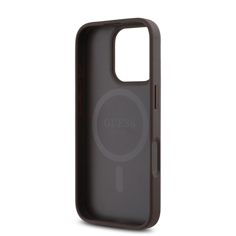 Apple iPhone 16 Pro Max Kılıf Guess Orjinal Lisanslı M-safe Şarj Özellikli PU Üçgen Logo 4G Desenli Kapak
