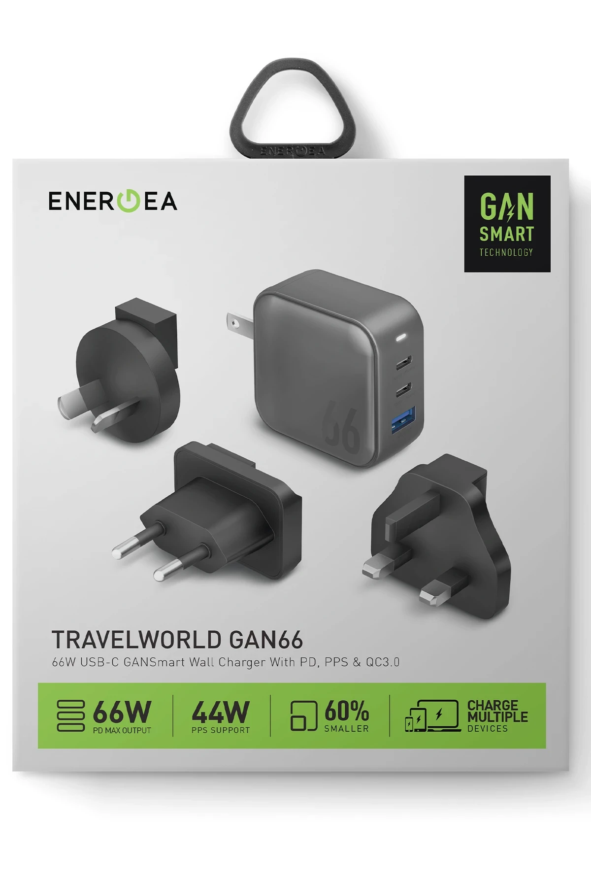 Energea TravelWorld Universal GaN66 2 Adet 65W Type-C ve 1 Adet 36W USB 3.0 Çıkışlı Hızlı Şarj Aleti
