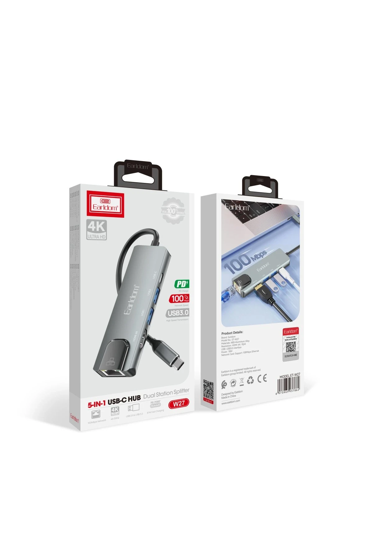 Earldom W27 5in1 1 Adet 4K HDMI / 2 Adet USB / 1 Adet Type-C Çıkışlı / 1 Adet RJ45 100 Mbps Ethernet Çıkışlı Type-C Girişli Hub Dönüştürücü