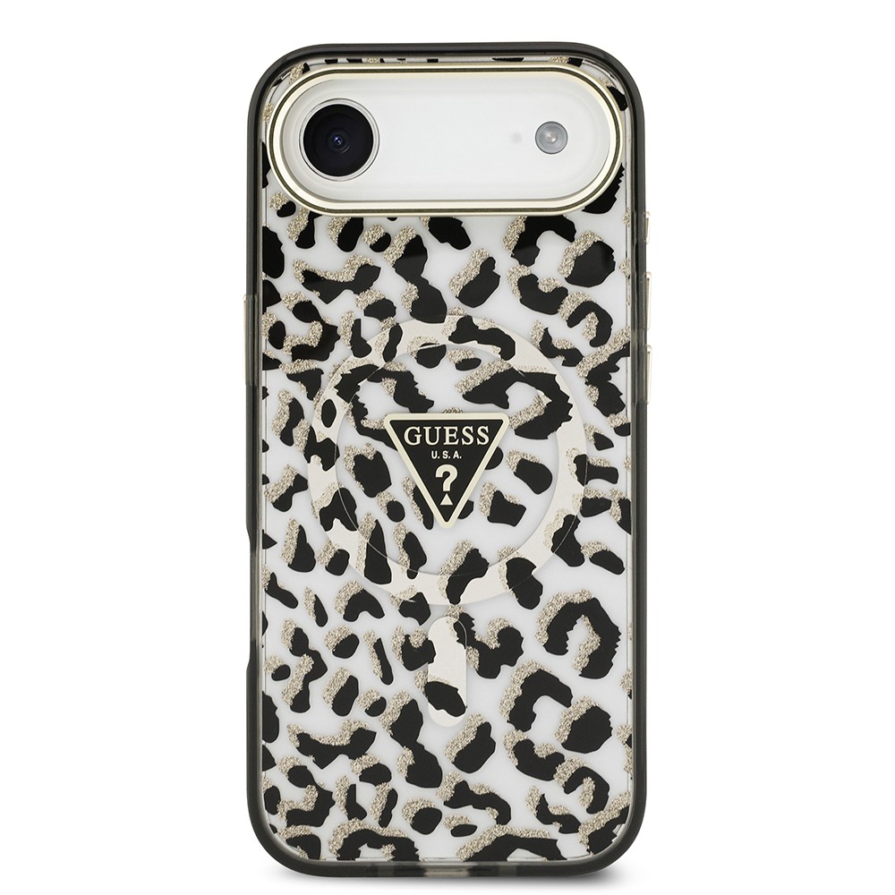 Apple iPhone 17 Air Kılıf Guess Orjinal Lisanslı M-safe Şarj Özellikli Üçgen Logolu Simli Leopar Desenli Kapak