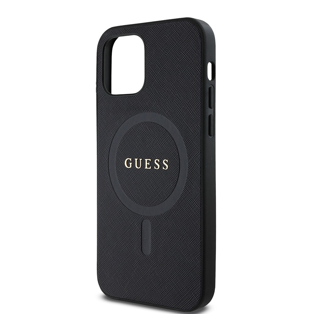 Apple iPhone 12 Kılıf Guess Orjinal Lisanslı M-safe Şarj Özellikli Yazı Logolu Saffiano Classic Kapak