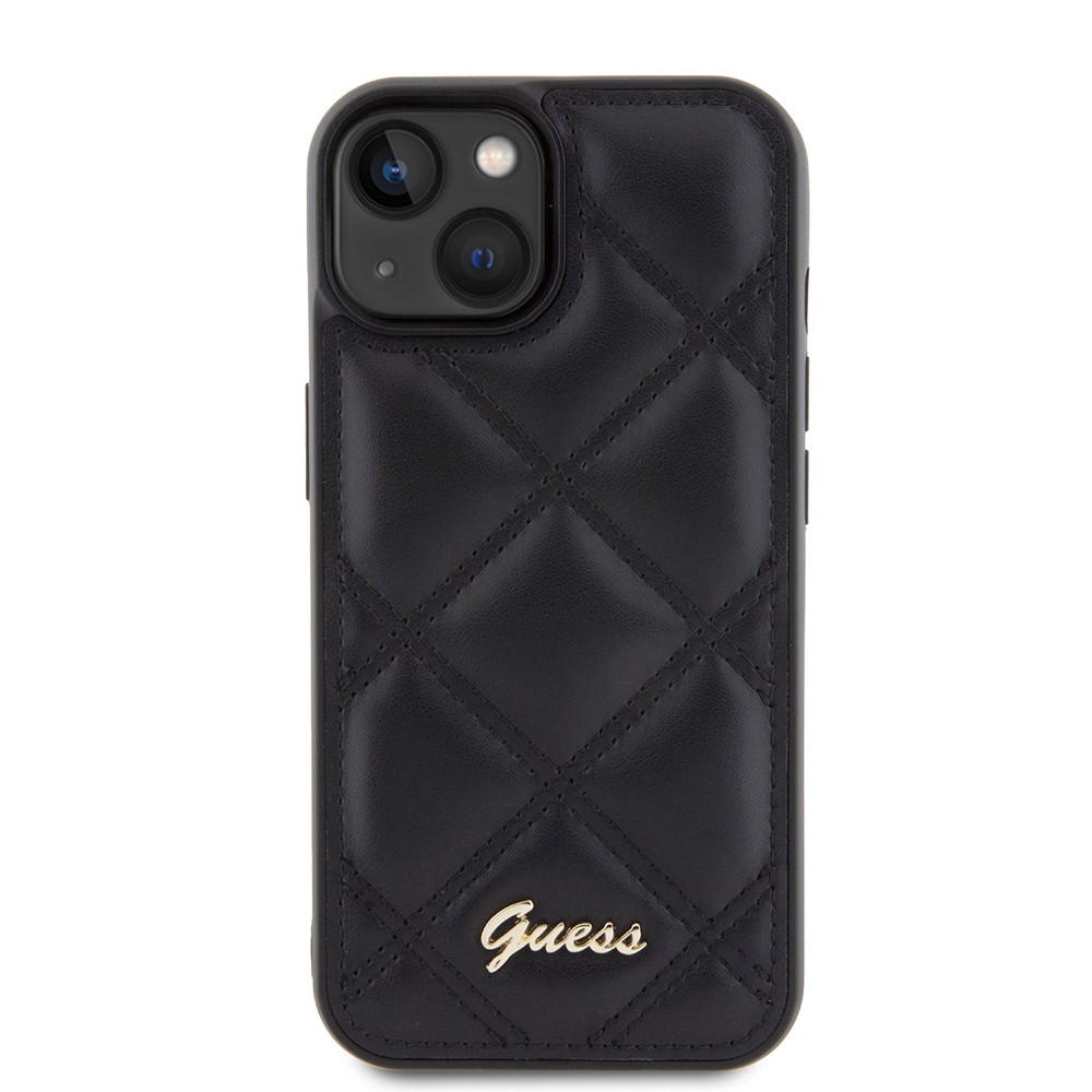 Apple iPhone 15 Kılıf Guess Orjinal Lisanslı PU Deri Metal Yazı Logolu Kapitone Kapak